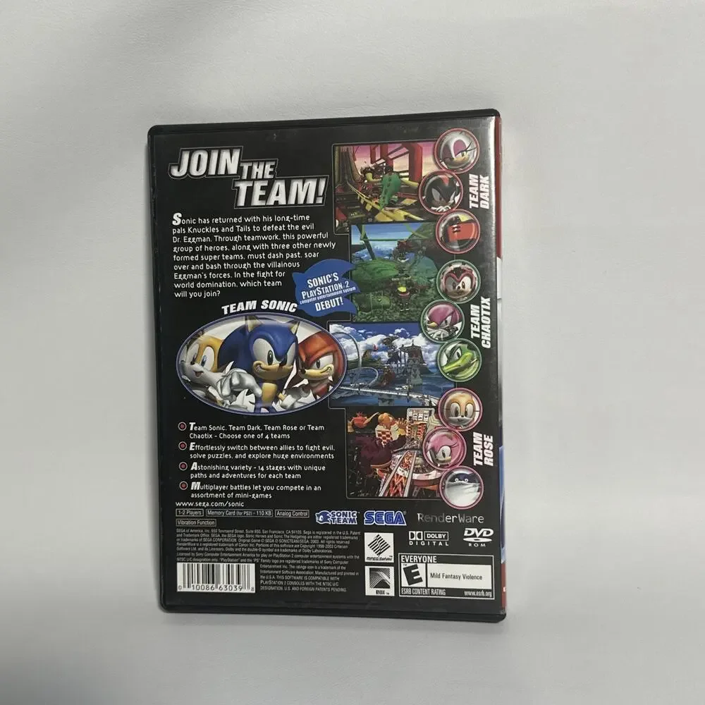 Sony PlayStation 2 Sonic Heroes Sega Greatest Hits With Manual Rated E